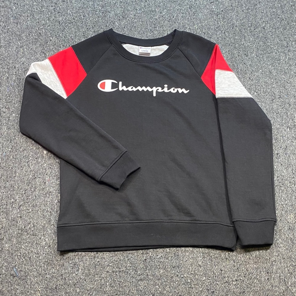 Champion Sweatshirt Sz L Boys Black Colorblock Sporty Streetwear Pullover TShirt